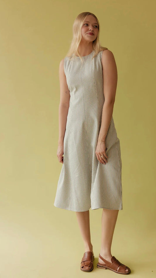 Sleeveless Pin Stripe Tailored Denim Midi Dress