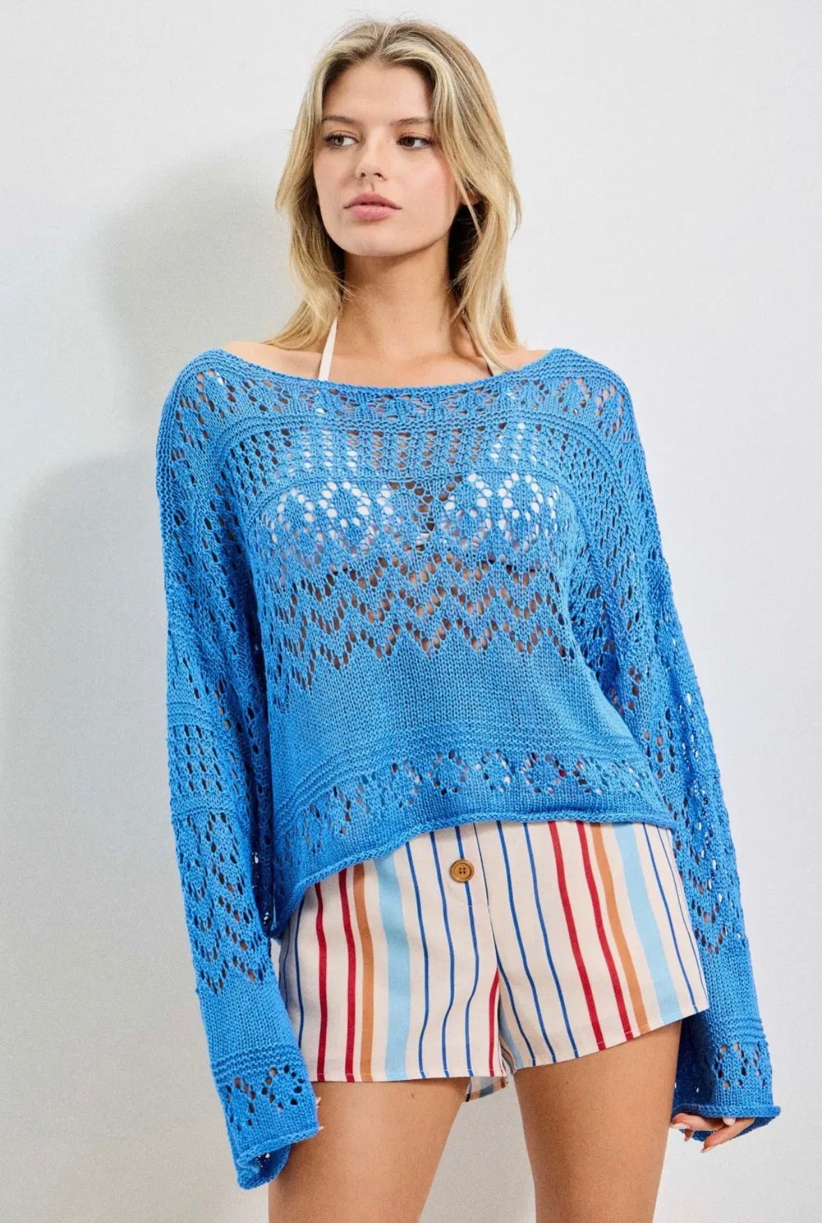Cobalt Blue Open Stitch Flare Sleeve Knit Sweater