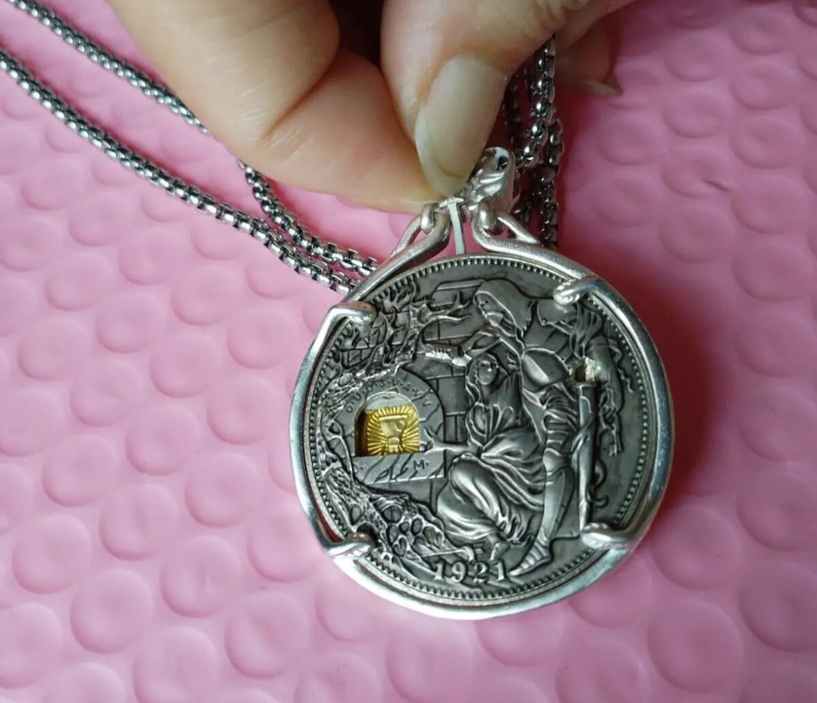 1921 Holy Grail Coin Necklace with Moveable Mechanism and Sword