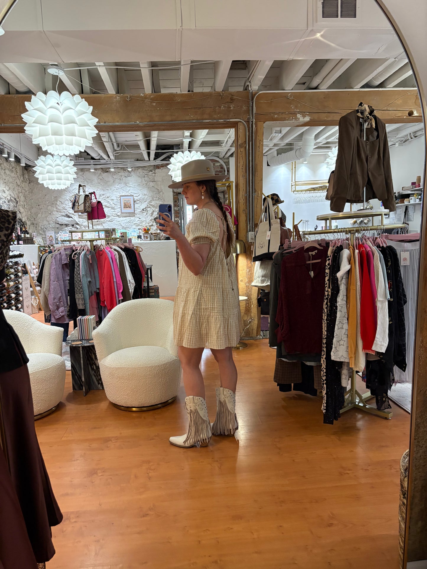 Natural Beige Gingham Mini Dress with Open Tie Back - SAUVAGE ZSA™