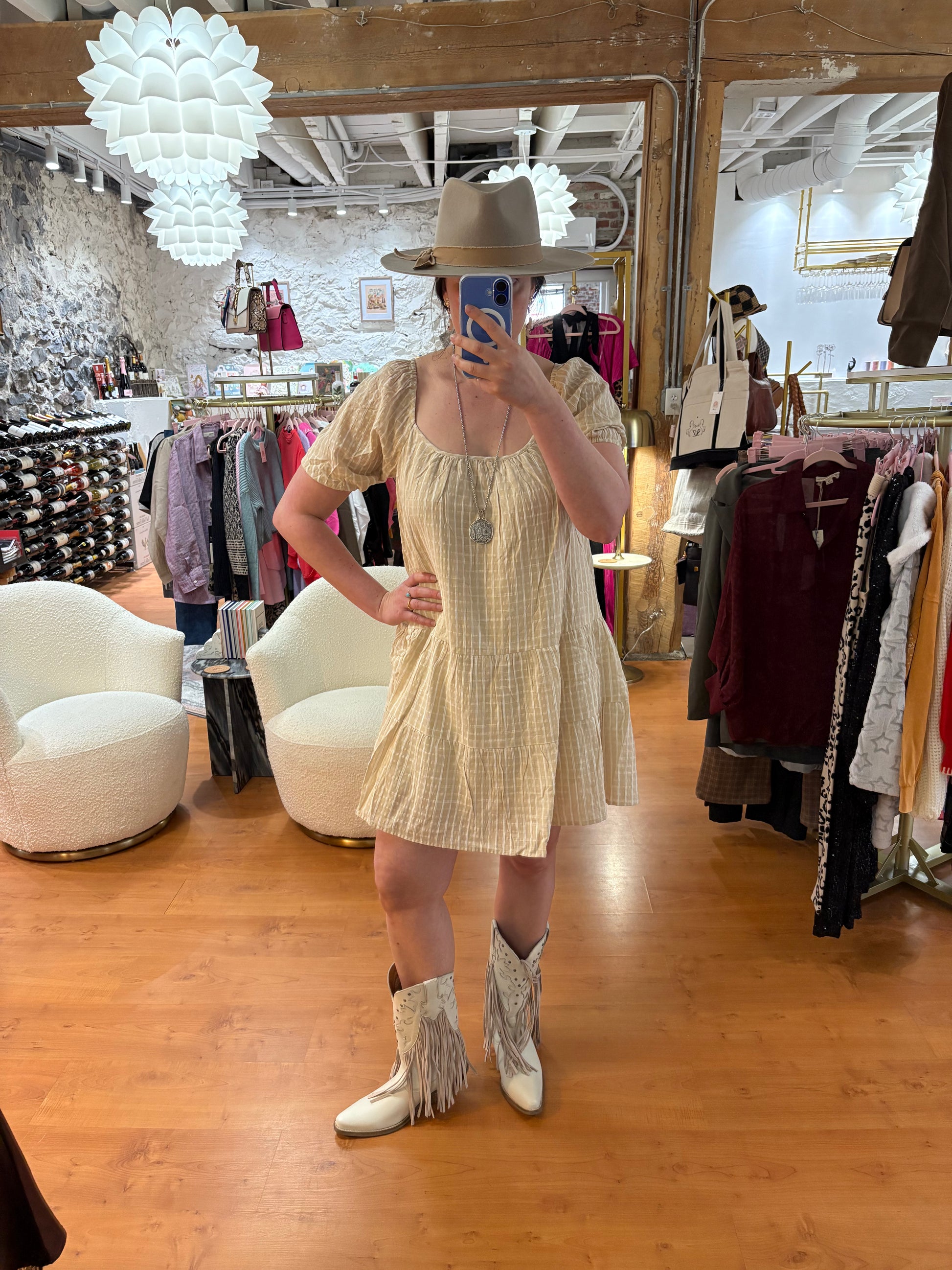 Natural Beige Gingham Mini Dress with Open Tie Back - SAUVAGE ZSA™