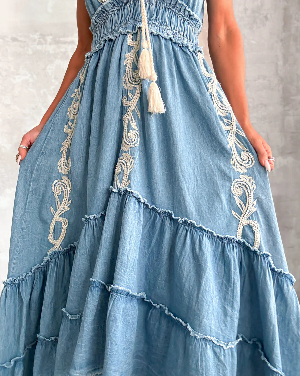 Embroidered Tiered Denim Dress -  Boho Western Style