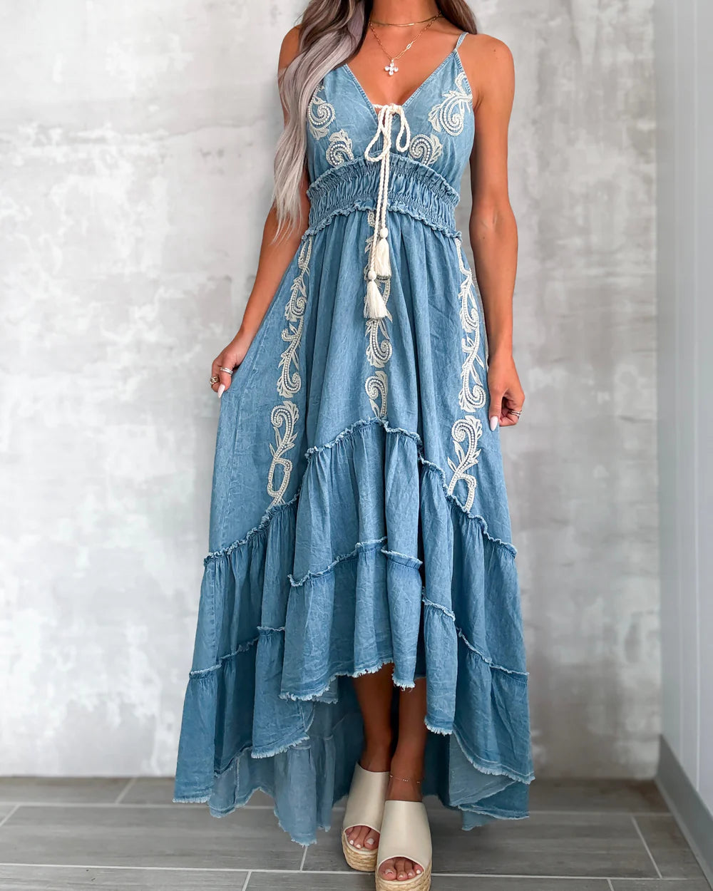 Embroidered Tiered Denim Dress -  Boho Western Style