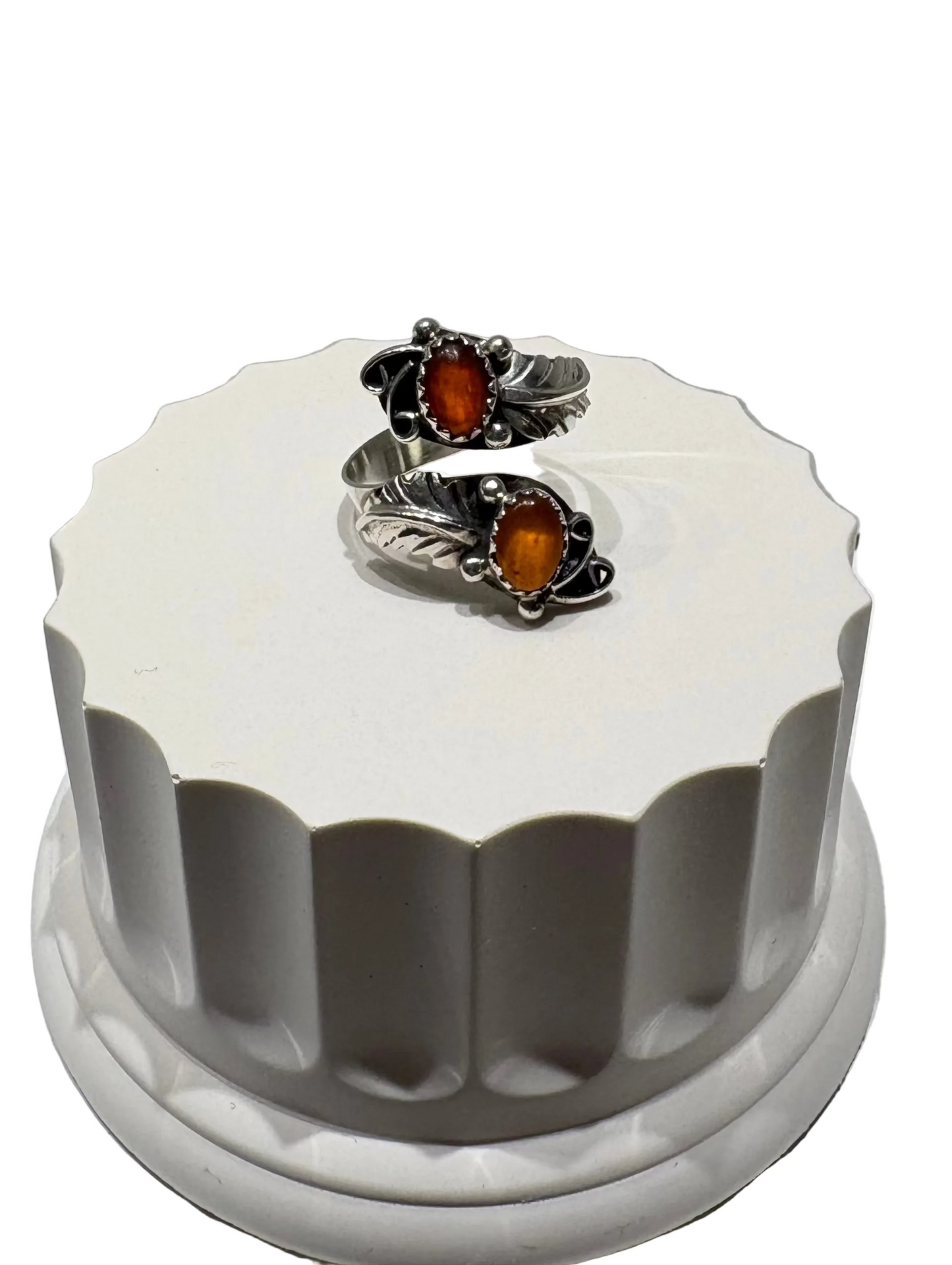 Vintage Adjustable Sterling Silver Wrap Ring with Amber & Leaves