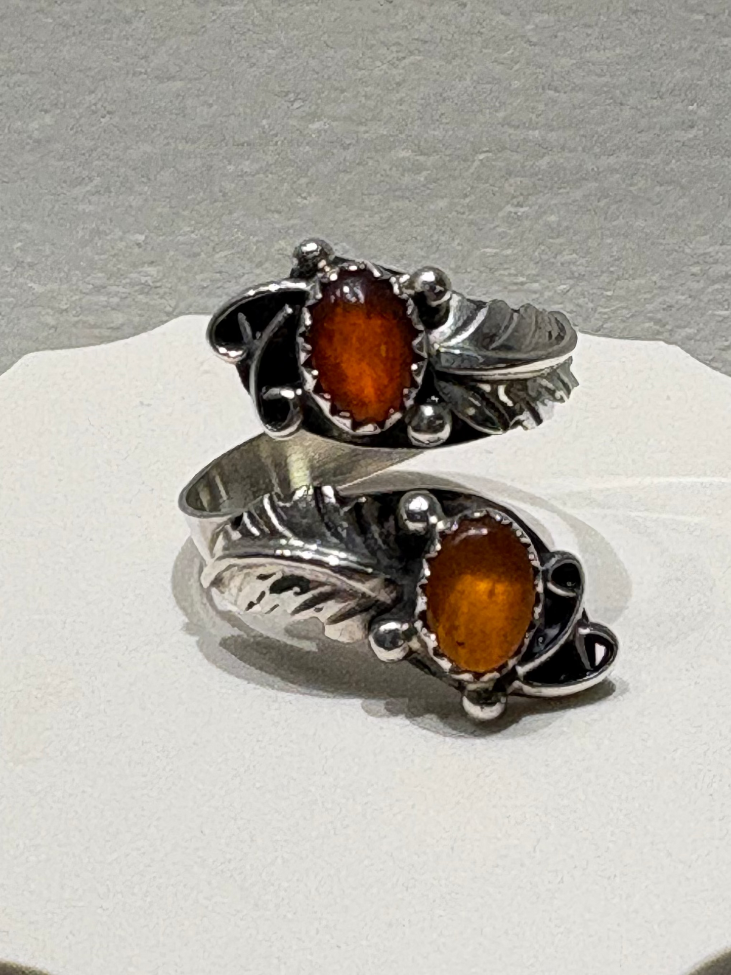Vintage Adjustable Sterling Silver Wrap Ring with Amber & Leaves