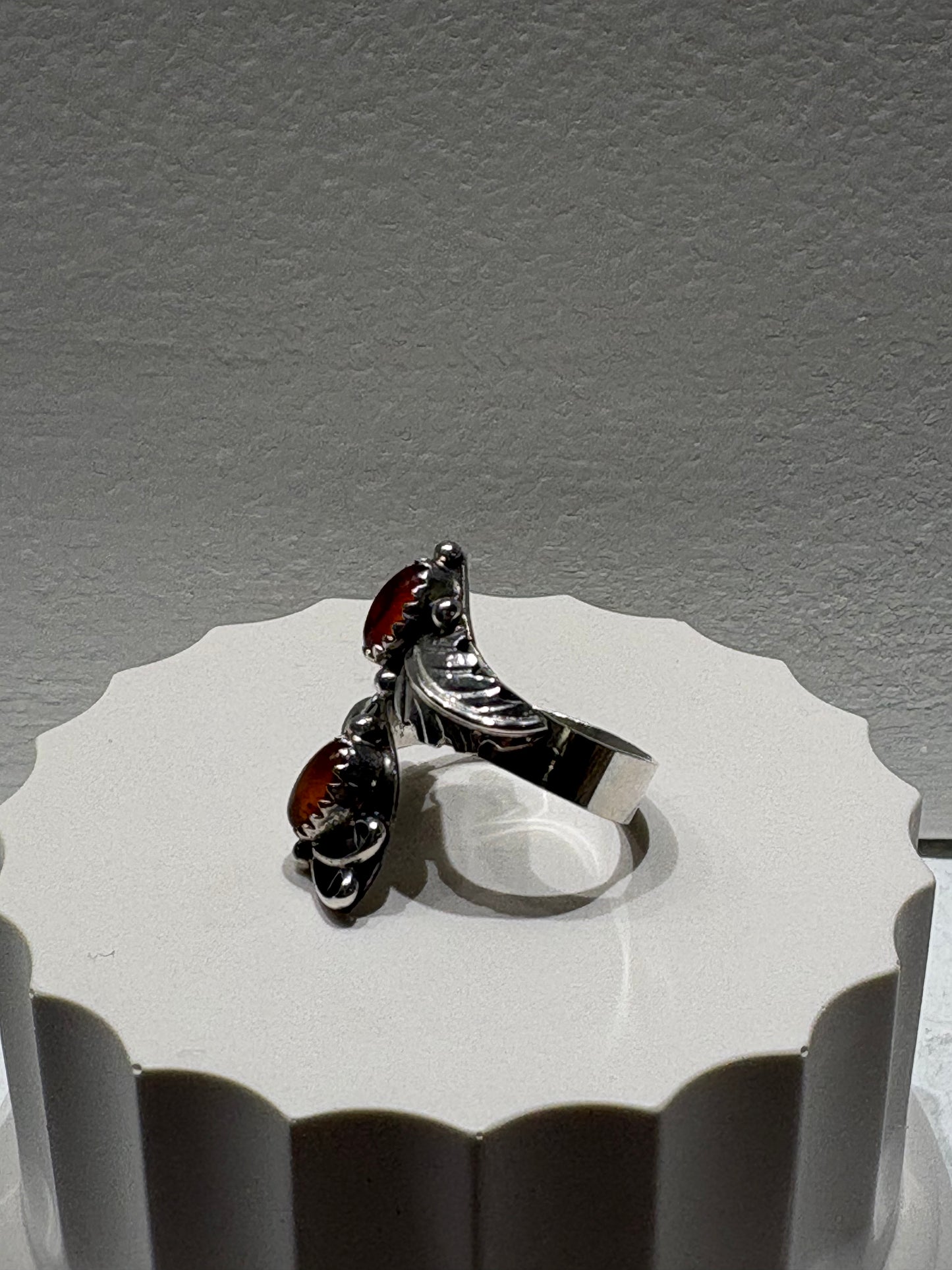 Vintage Adjustable Sterling Silver Wrap Ring with Amber & Leaves