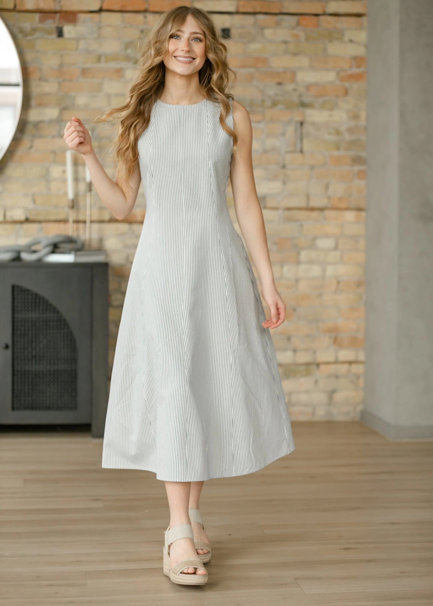 Sleeveless Pin Stripe Tailored Denim Midi Dress