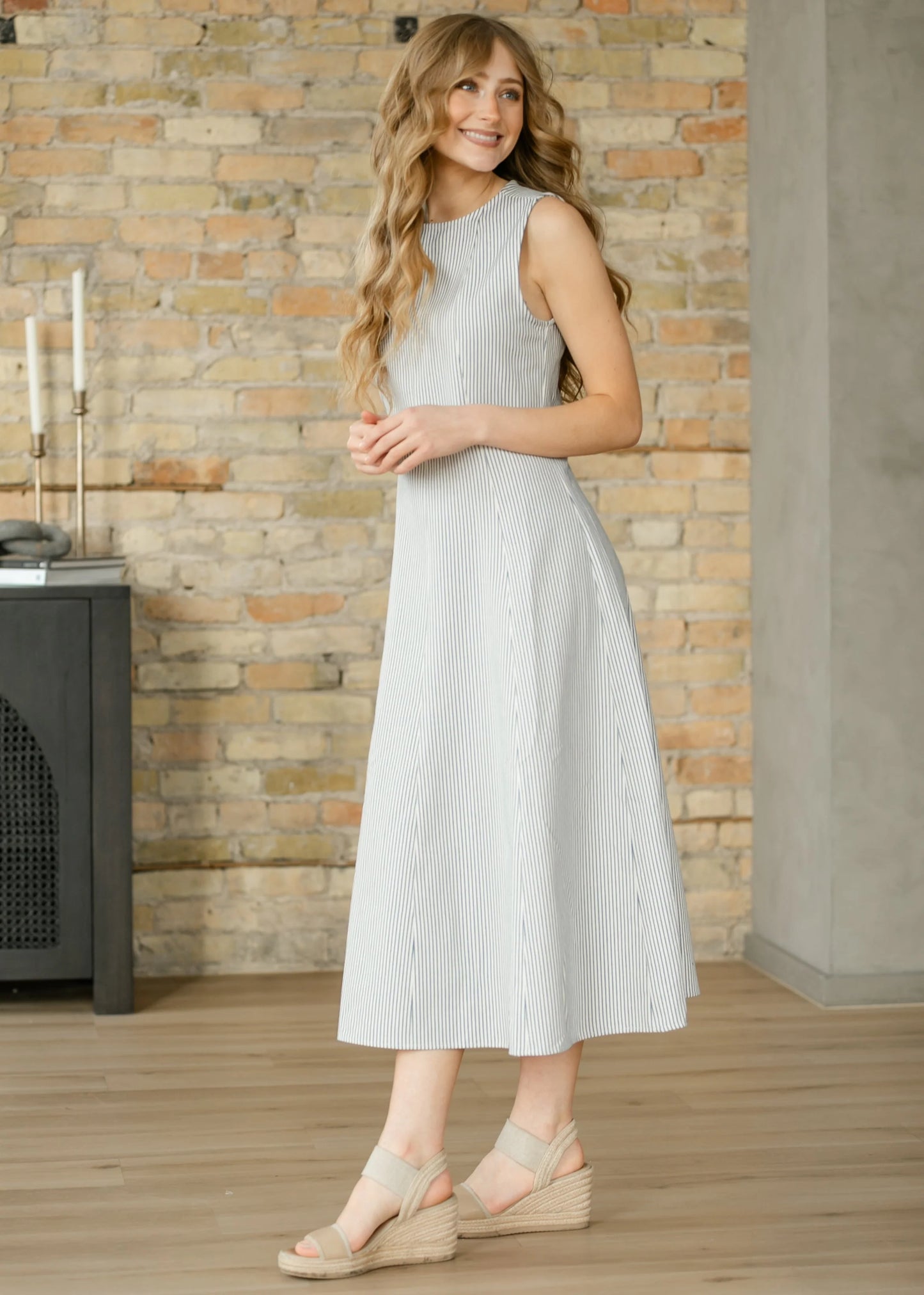 Sleeveless Pin Stripe Tailored Denim Midi Dress
