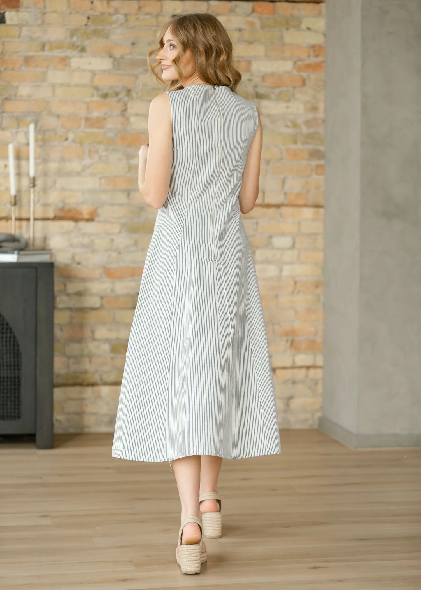 Sleeveless Pin Stripe Tailored Denim Midi Dress