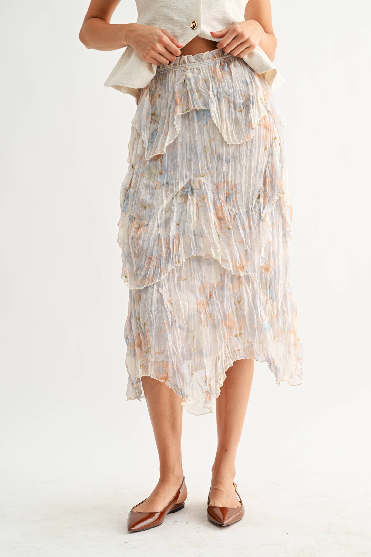 Layered Midi Skirt with Pastel Floral Print