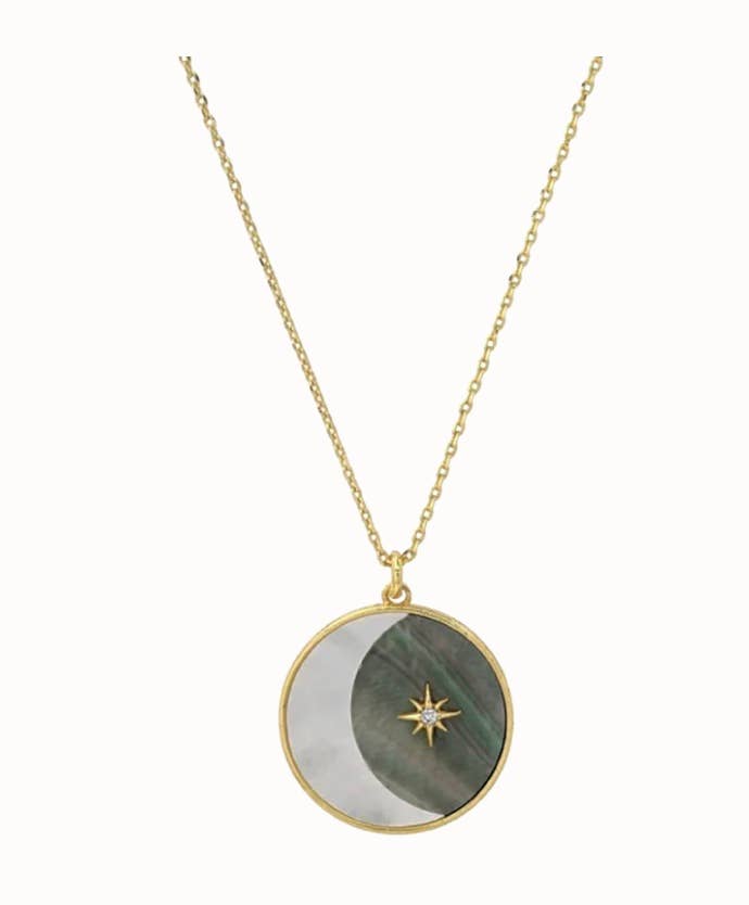 14K Steel and Abalone Shell Medallion Necklace with Moon, Sun, and Stars