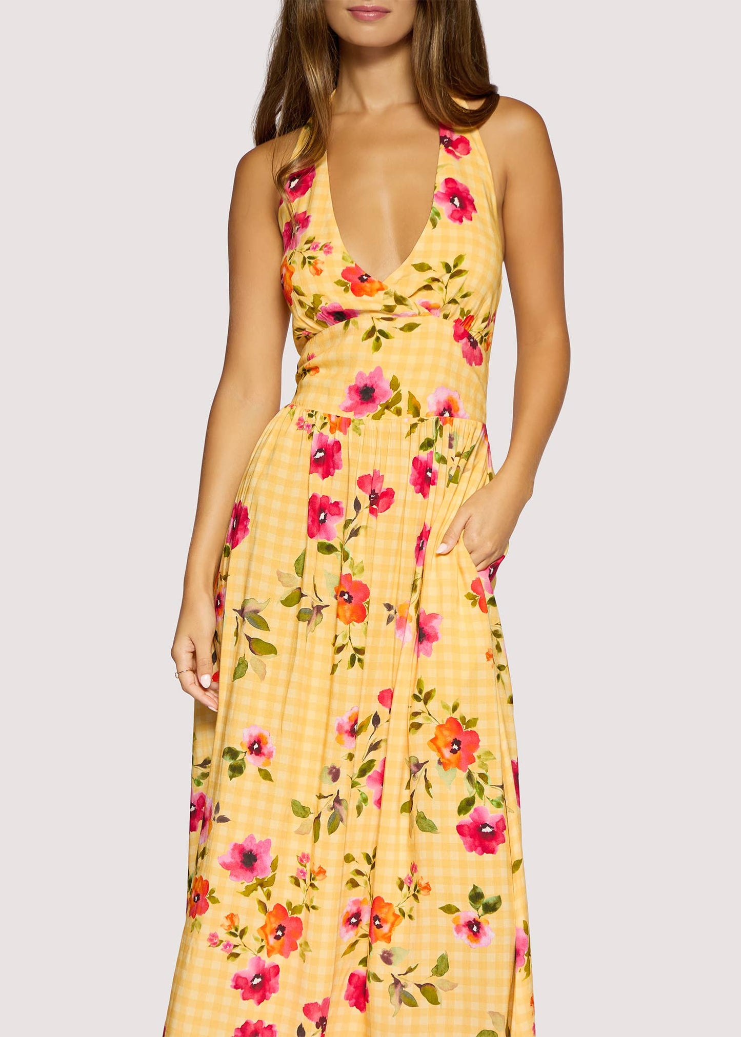 Gingham Print Yellow and Pink Floral Halter Midi Dress