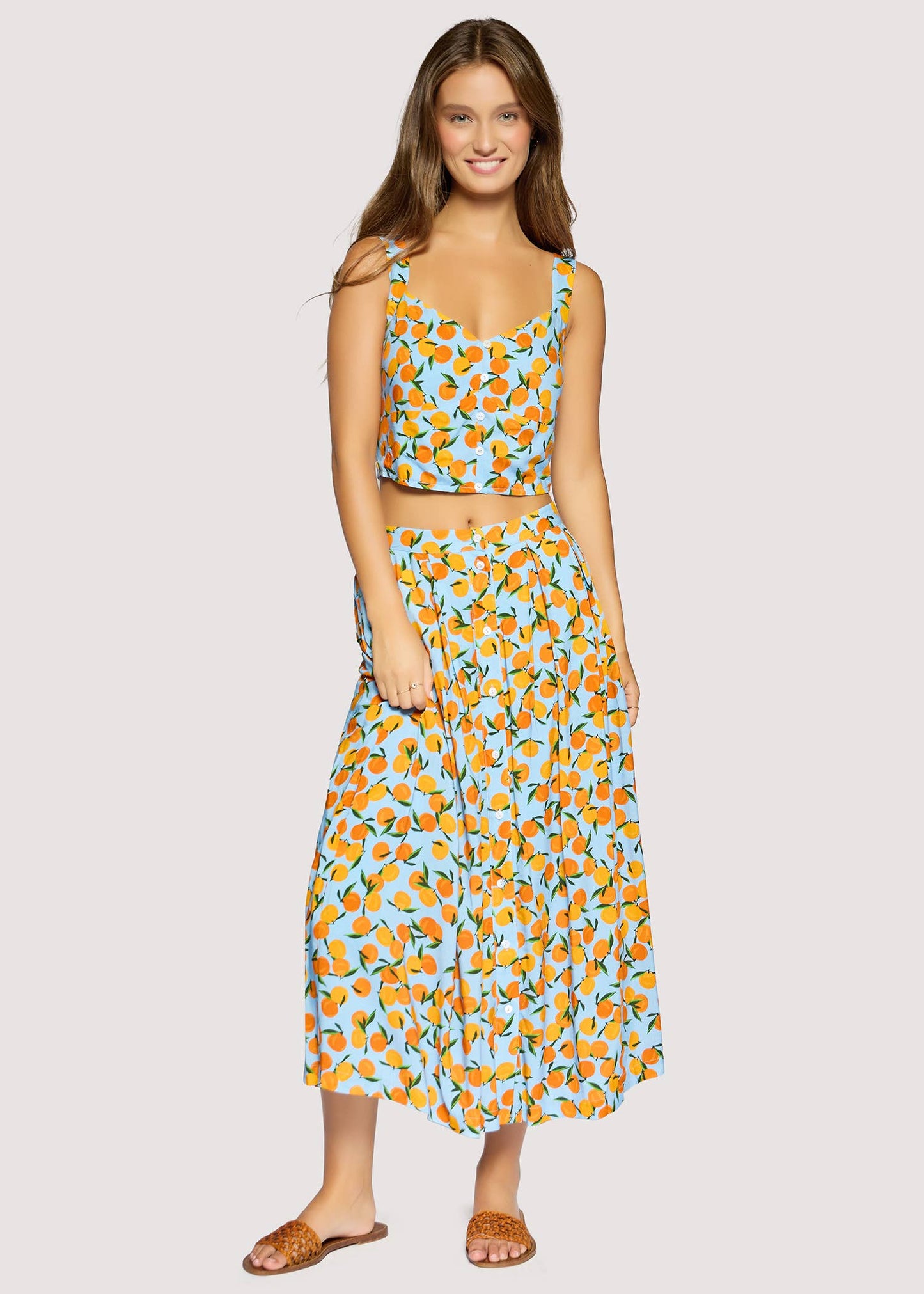 Citrus Print Orange Soiree Midi Skirt
