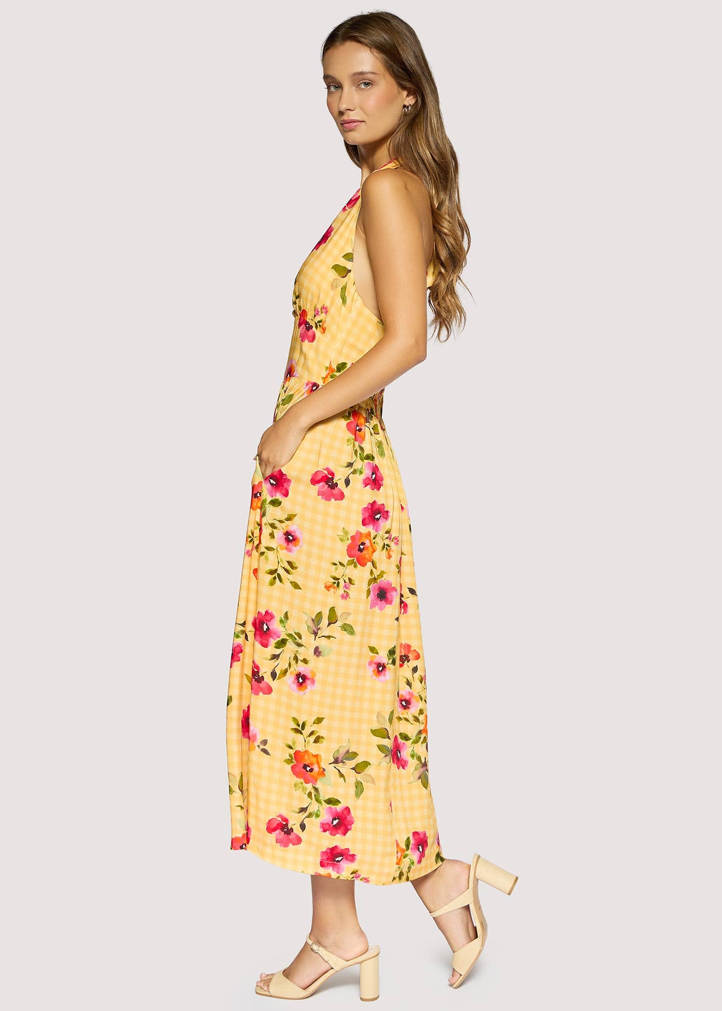 Gingham Print Yellow and Pink Floral Halter Midi Dress