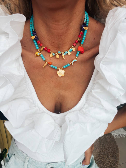 Turquoise Semiprecious Beaded Charm Necklace
