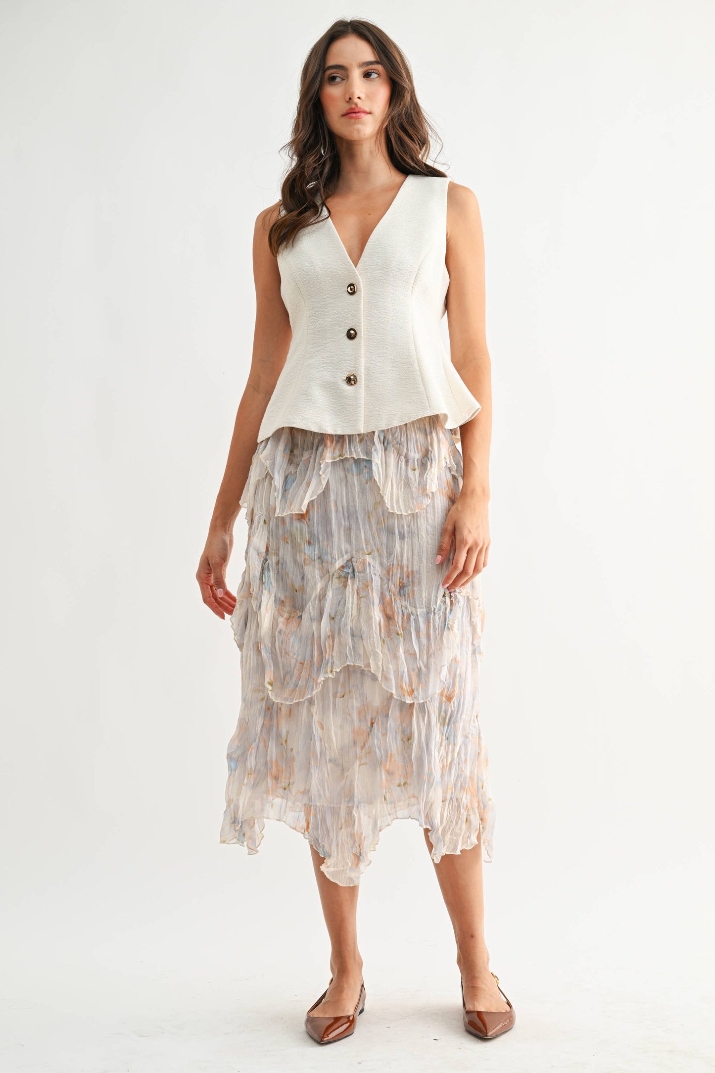 Layered Midi Skirt with Pastel Floral Print