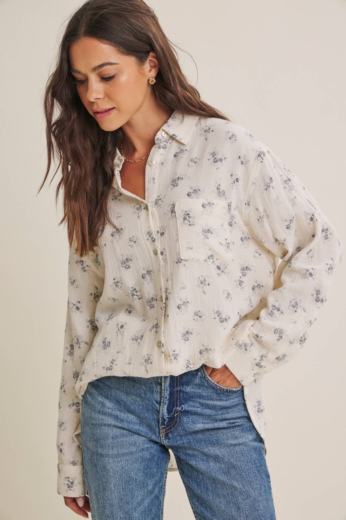 Soft Floral Cotton Relaxed Fit Button Down Shirt