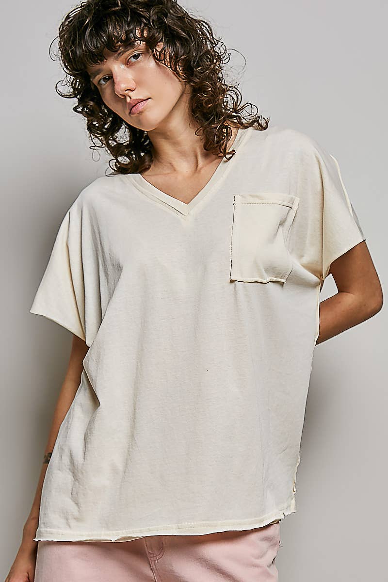 Boho Hand Dip Dye V-Neck T-shirt with Short Sleeves and Front Pocket