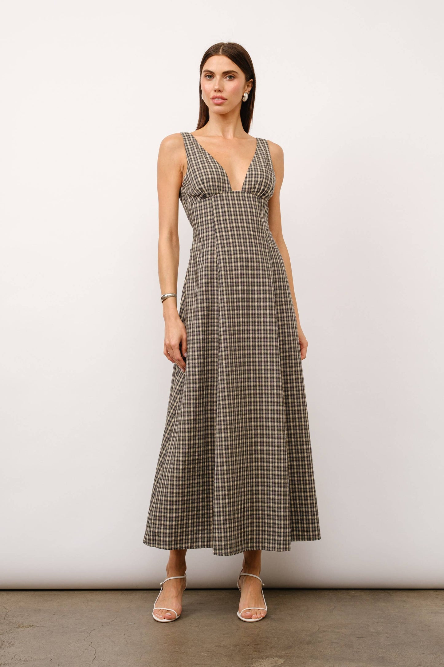 Augustine Sleeveless V-neck Godet Skirt Plaid Maxi Dress