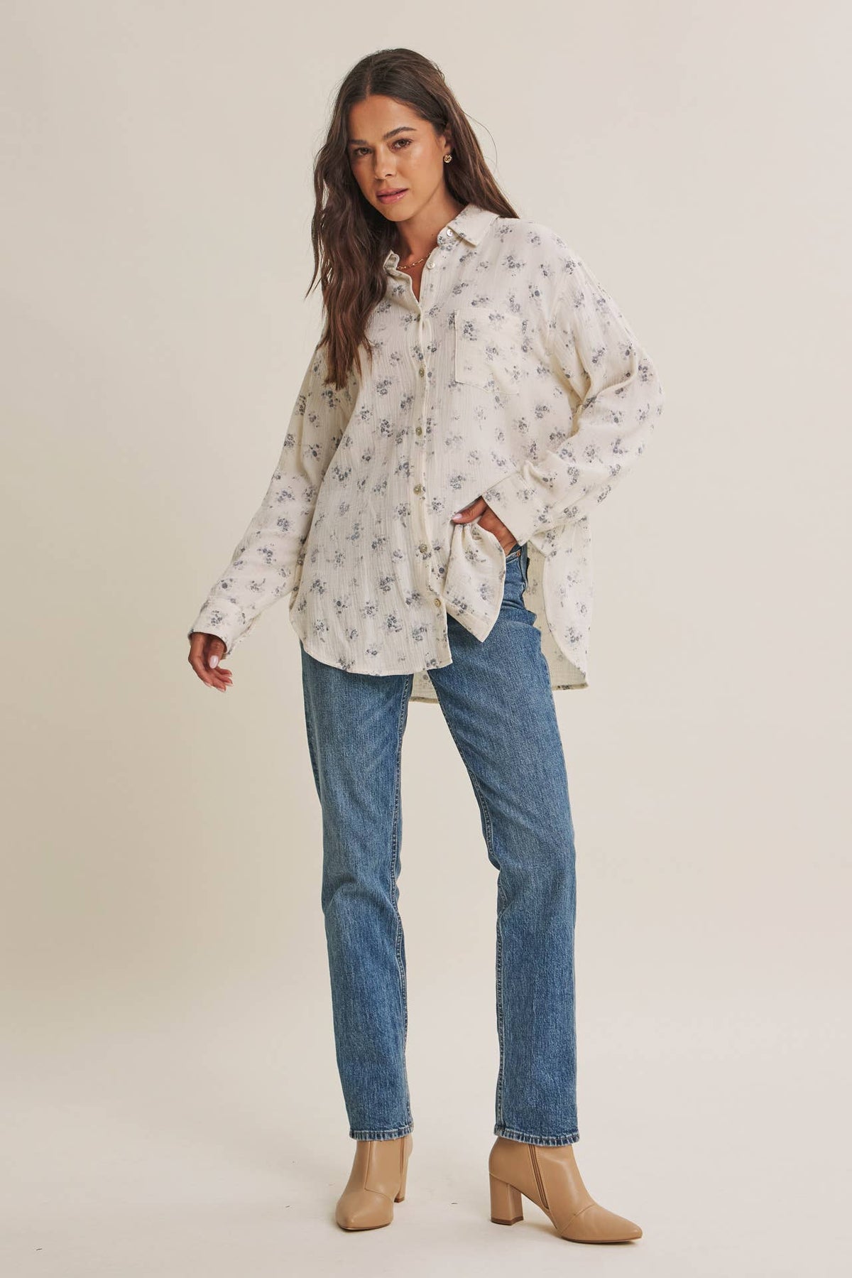 Soft Floral Cotton Relaxed Fit Button Down Shirt