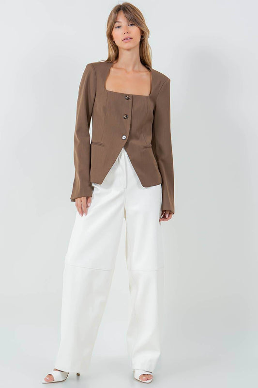 STRUCTURED WOVEN BUTTON DOWN TOP - BROWN - SAUVAGE ZSA™