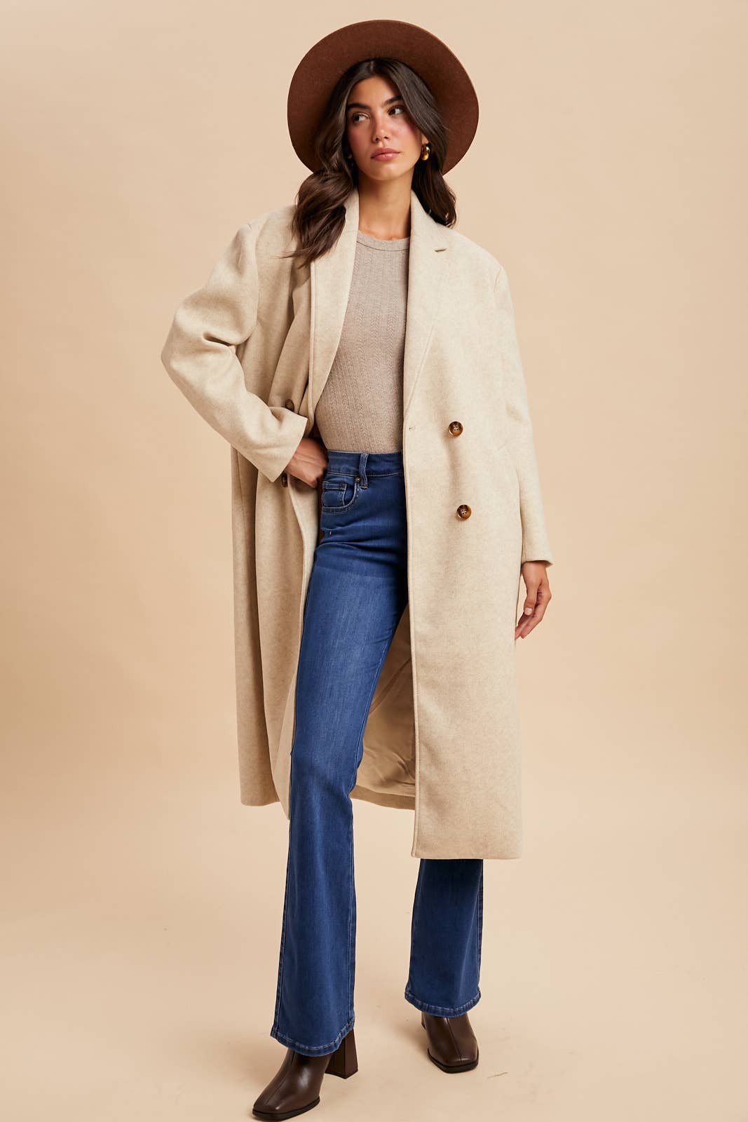 Double Breasted  Lapel Duster Felt Pea Coat