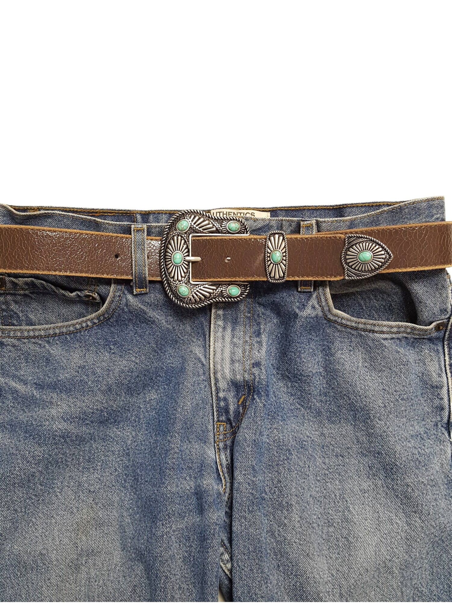 Vintage White Leather Belt with Western Turquoise Buckle Set