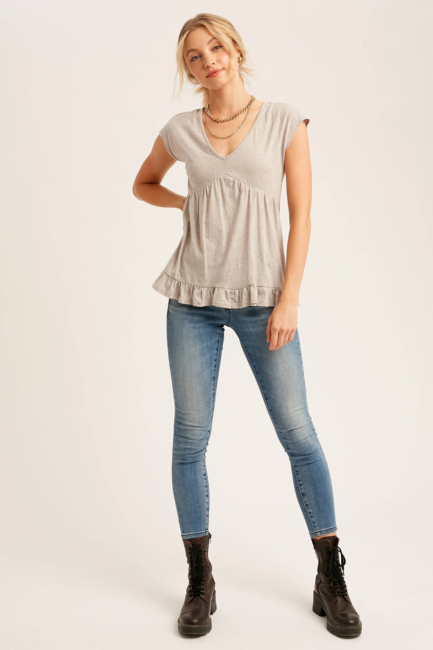 V-Neck Grey Babydoll Tee Shirt