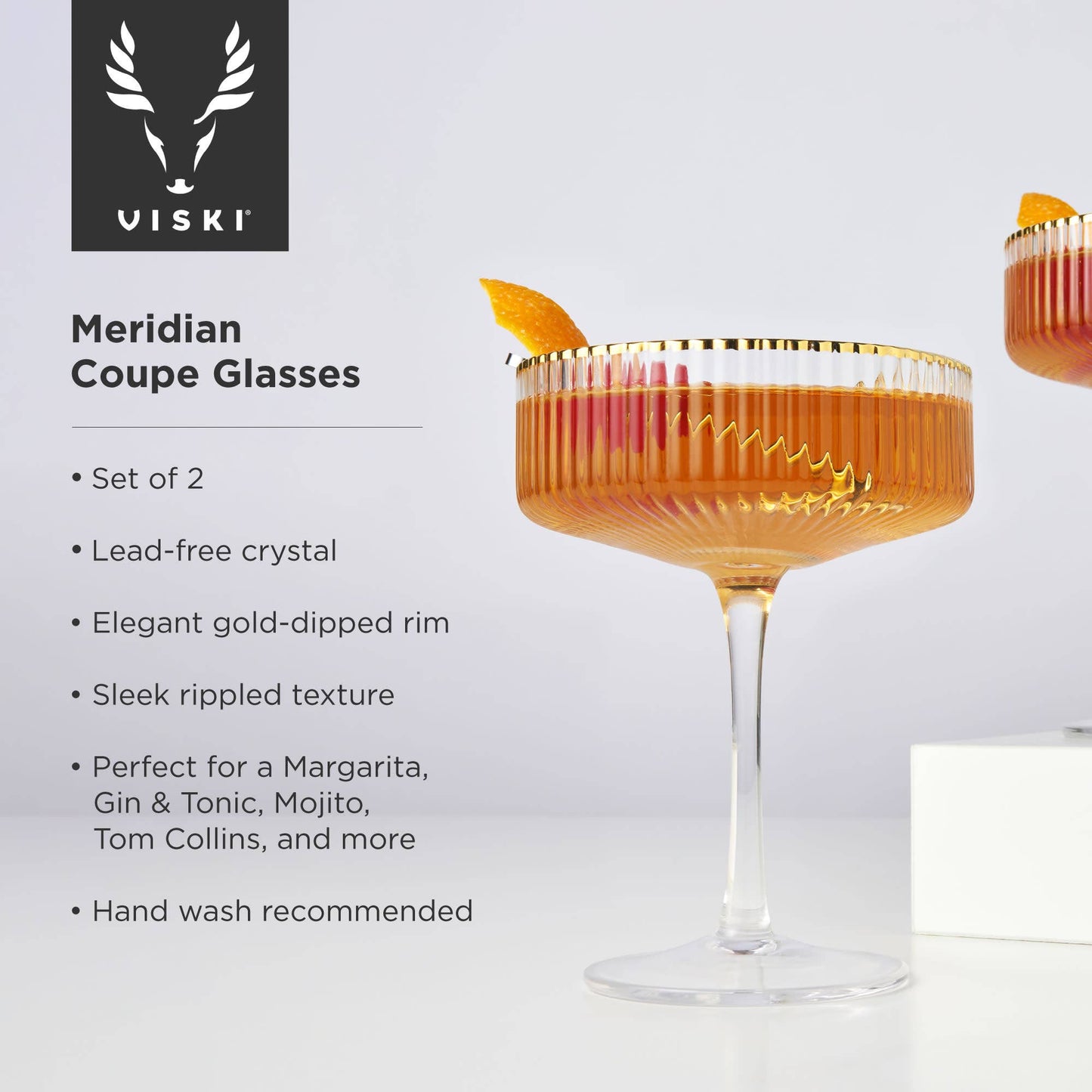 Deco Meridian Gold Rimmed Crystal Coupe Cocktail Glasses Set of 2