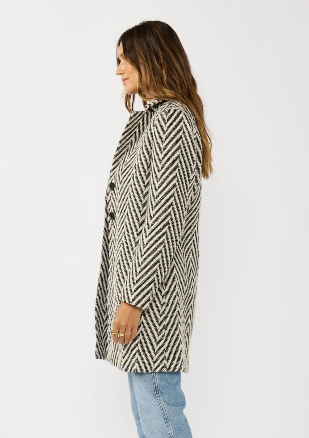Chevron Notched Lapel Pea Coat
