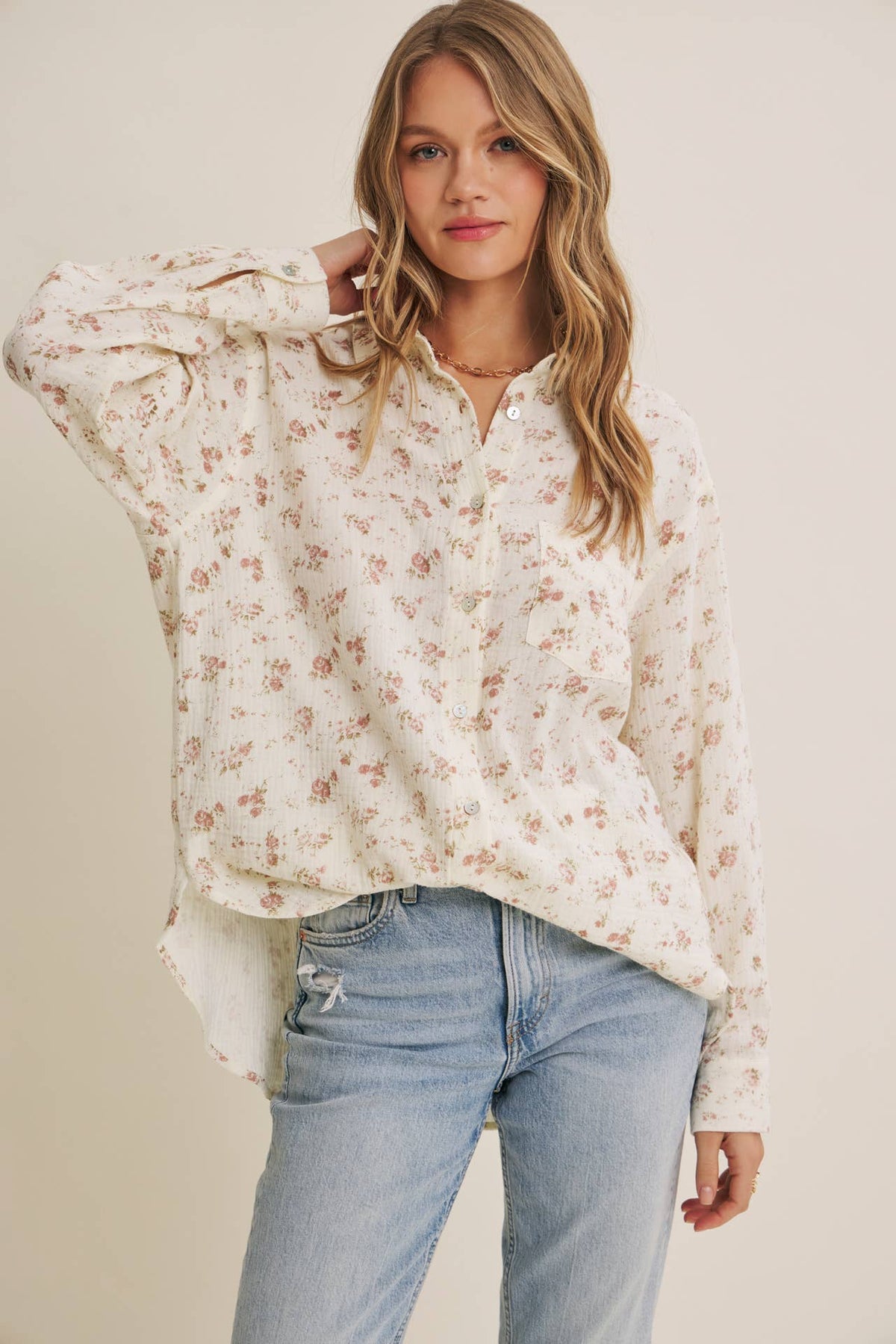 Soft Floral Cotton Relaxed Fit Button Down Shirt