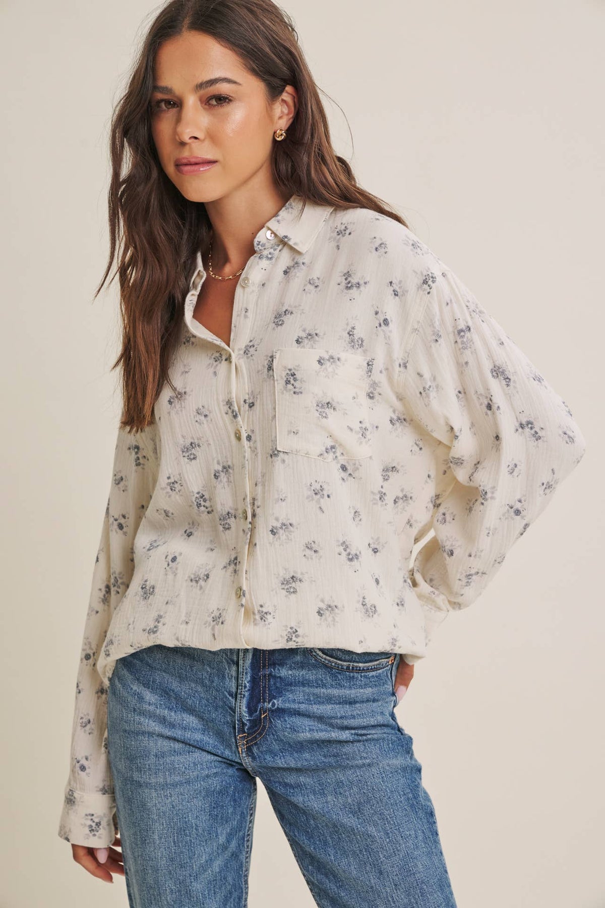 Soft Floral Cotton Relaxed Fit Button Down Shirt