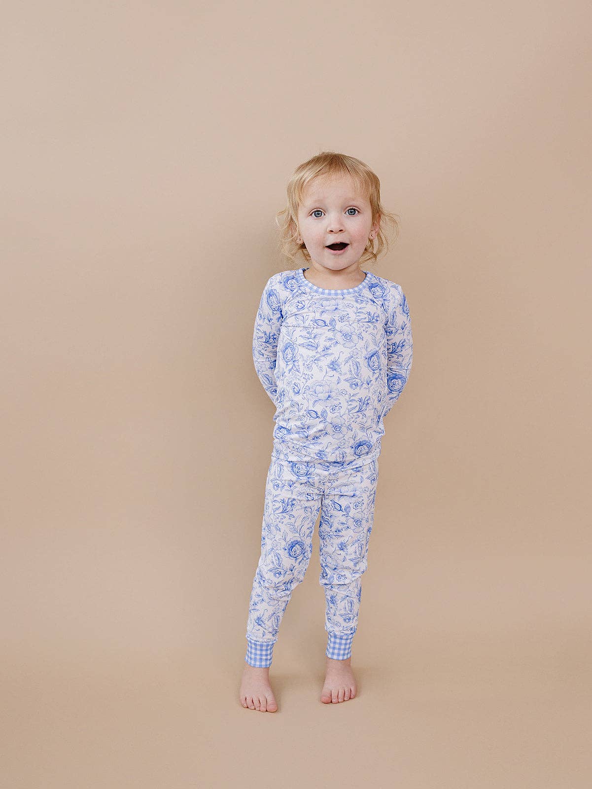 Kids Bamboo Two Piece Pajama and Loungewear Set - Gingham with Blue Flowers