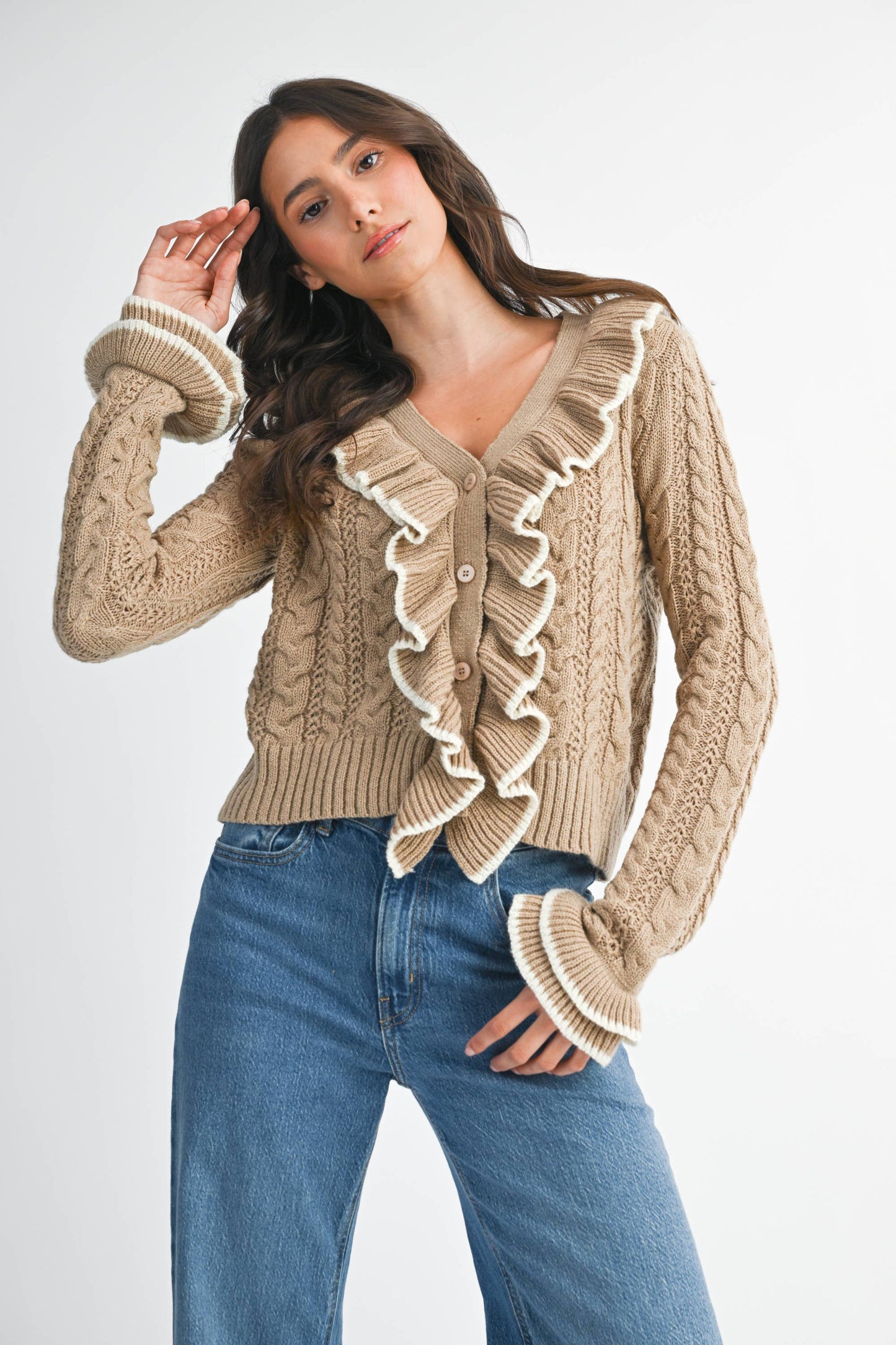 Cool Blue Ruffled Cable Knit Cardigan