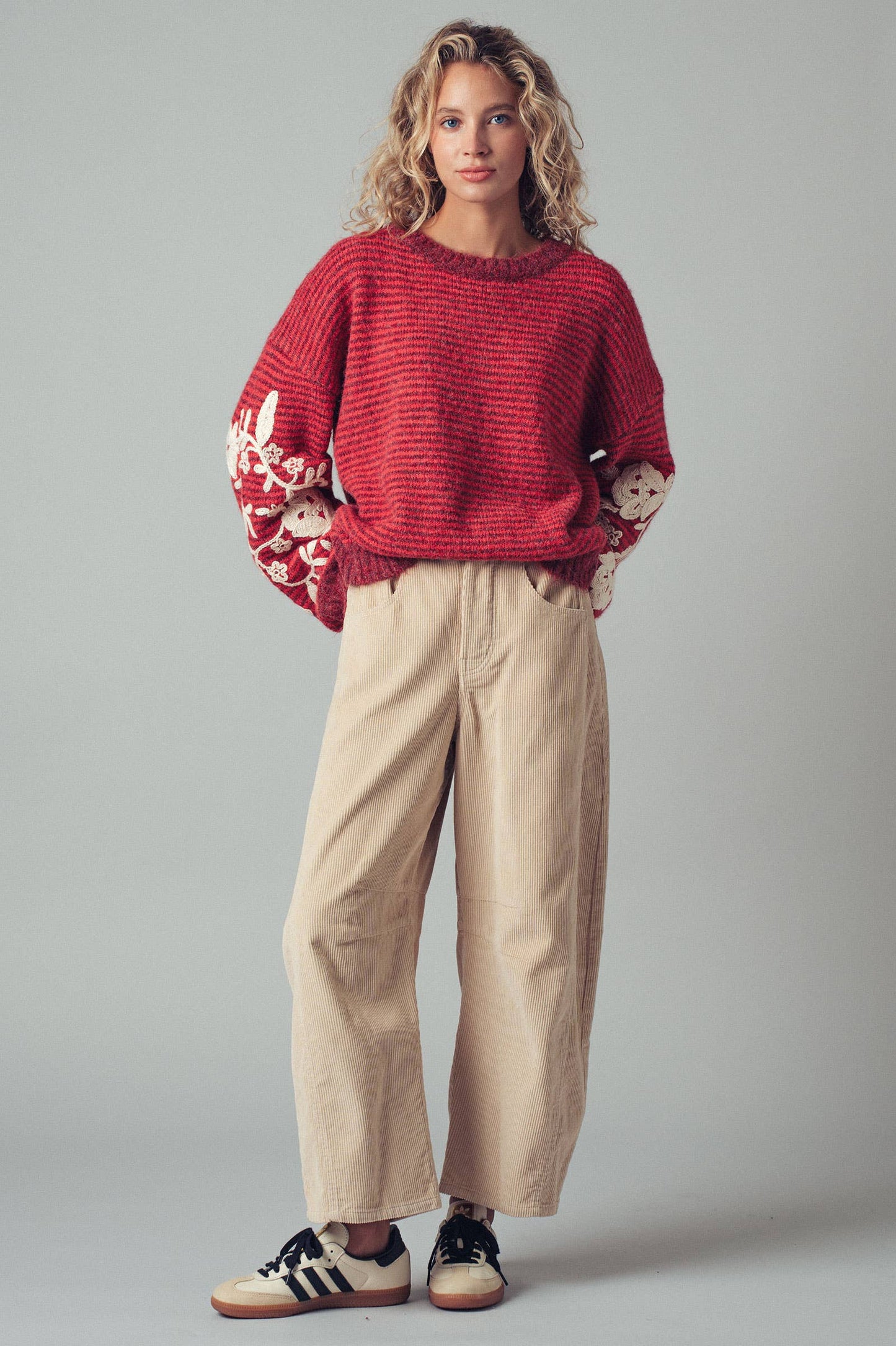 Floral Embroidered Striped Knit Sweater
