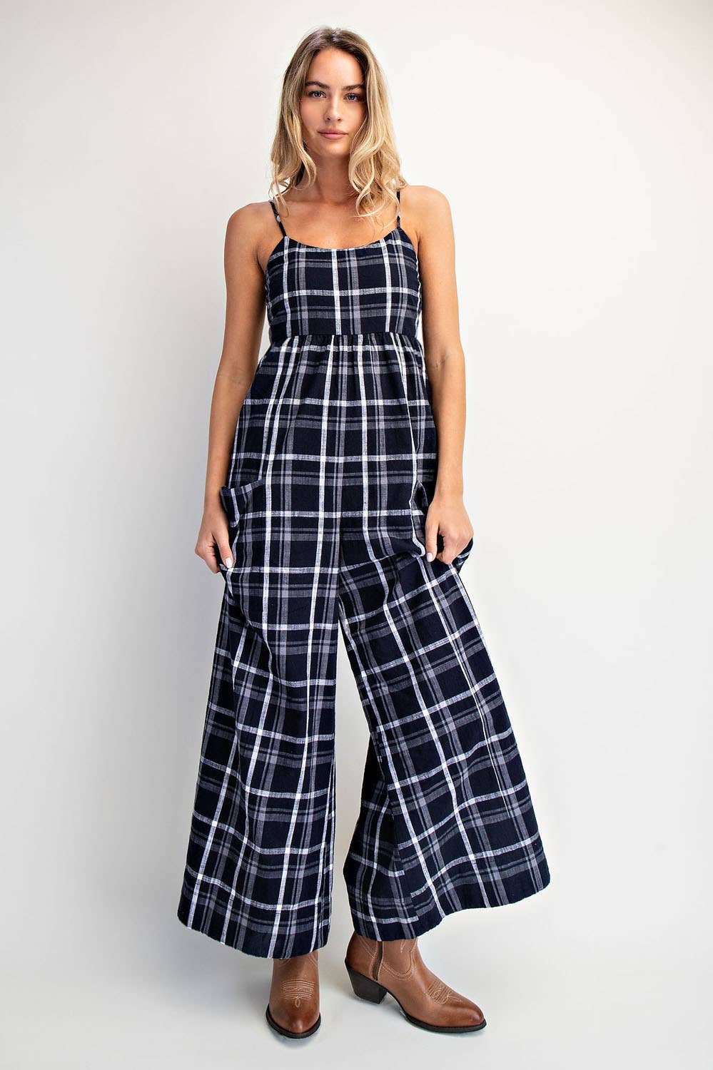 Gingham Checkered Wide-leg Onesie - Boho Jumpsuit