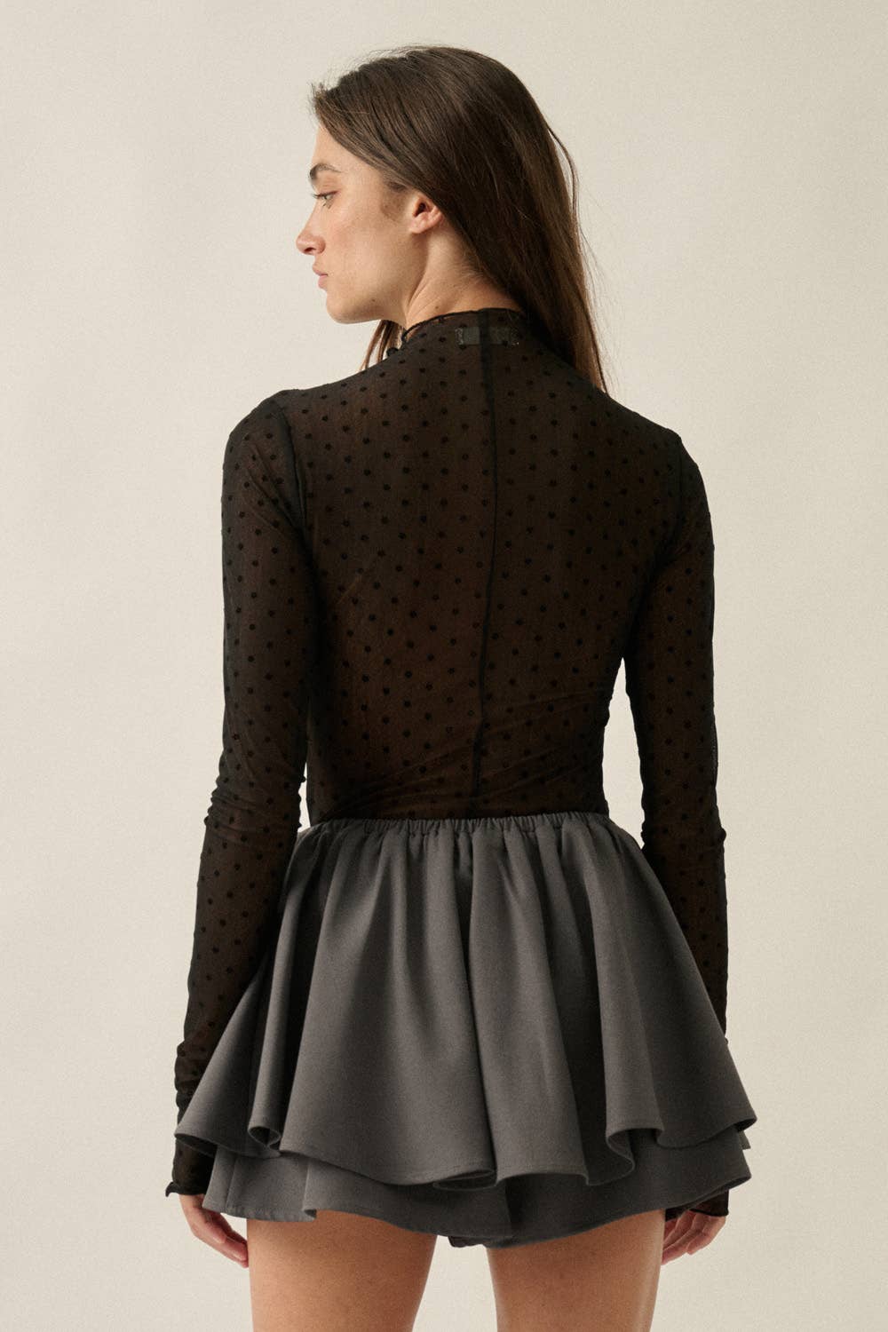 Sheer Mesh Top with Floral Polkadots, Mock-Neck, & Long-Sleeve Thumbhole Top
