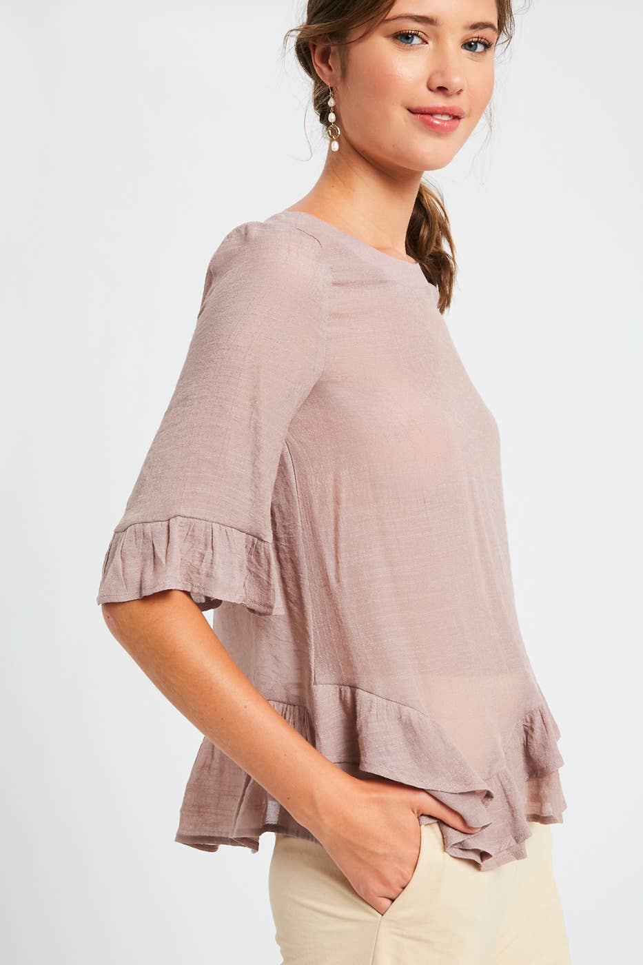 3/4 Sleeve Ruffle Hem Feminine Blouse