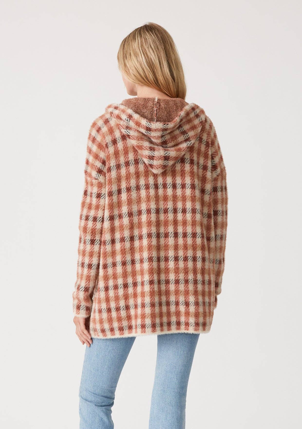 Fuzzy Plaid Long Sleeve Hooded Cardigan