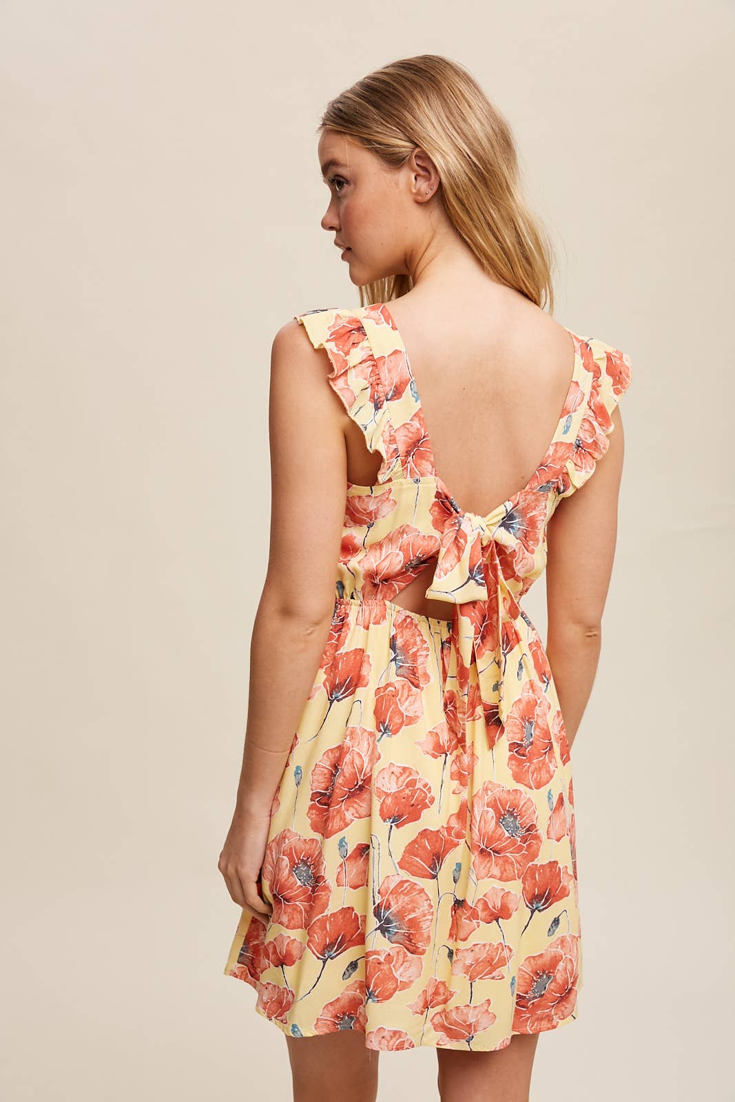 Poppy Floral Ruffle Strap Tie-Back Mini Dress