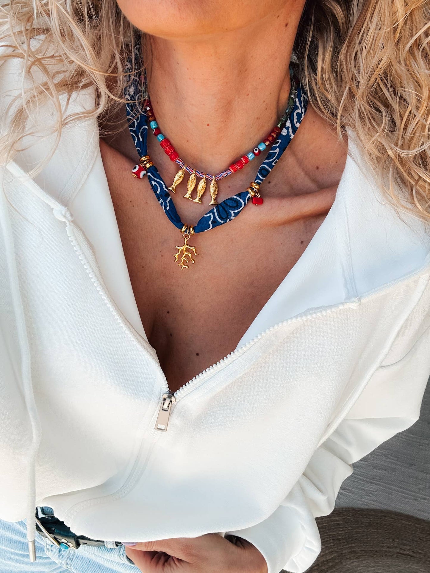 Bohemian Blue Bandana Charm Necklace with & Colorful Beaded Fish