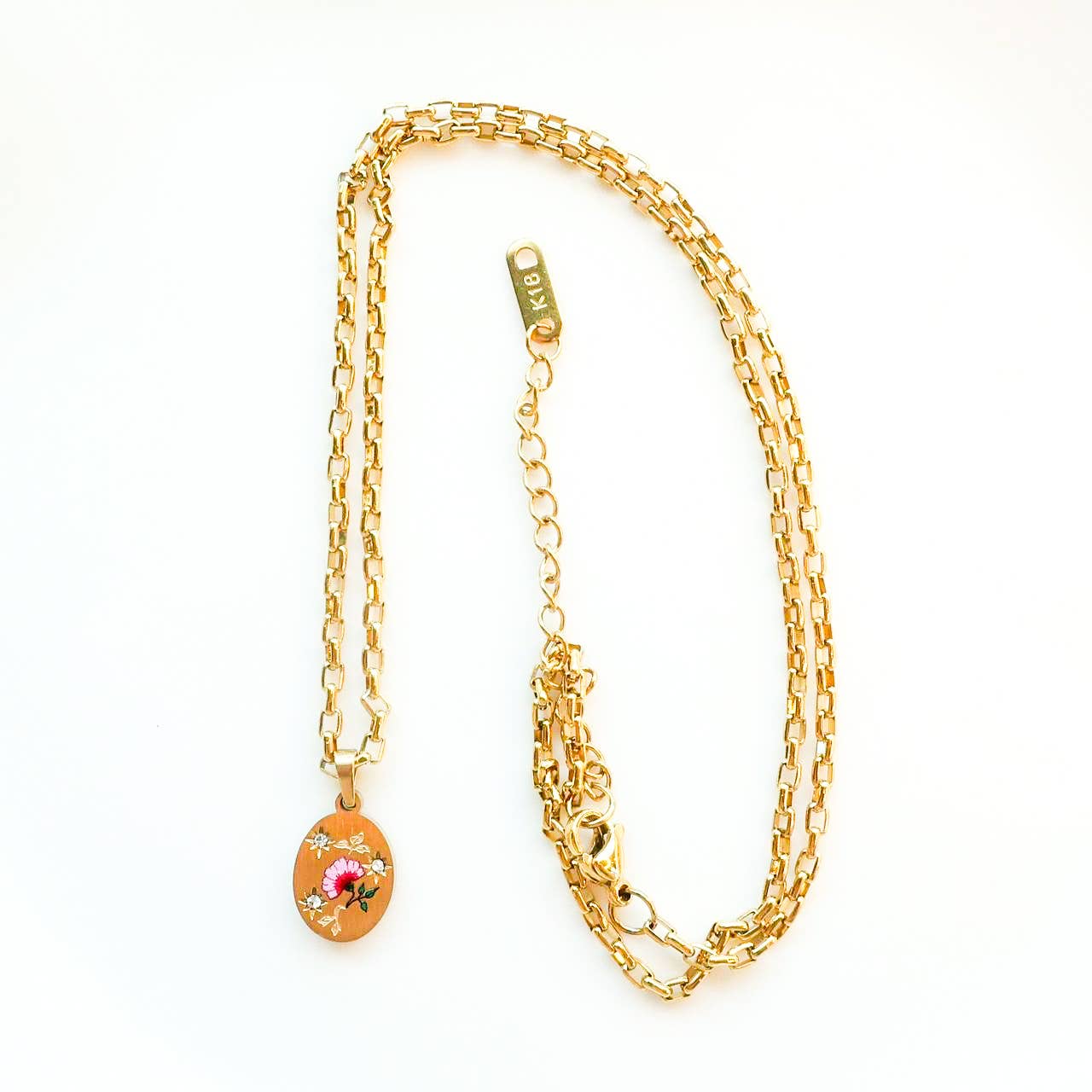 Poppy Painted Enamel Talisman Necklace - Engraved - Steel 14K