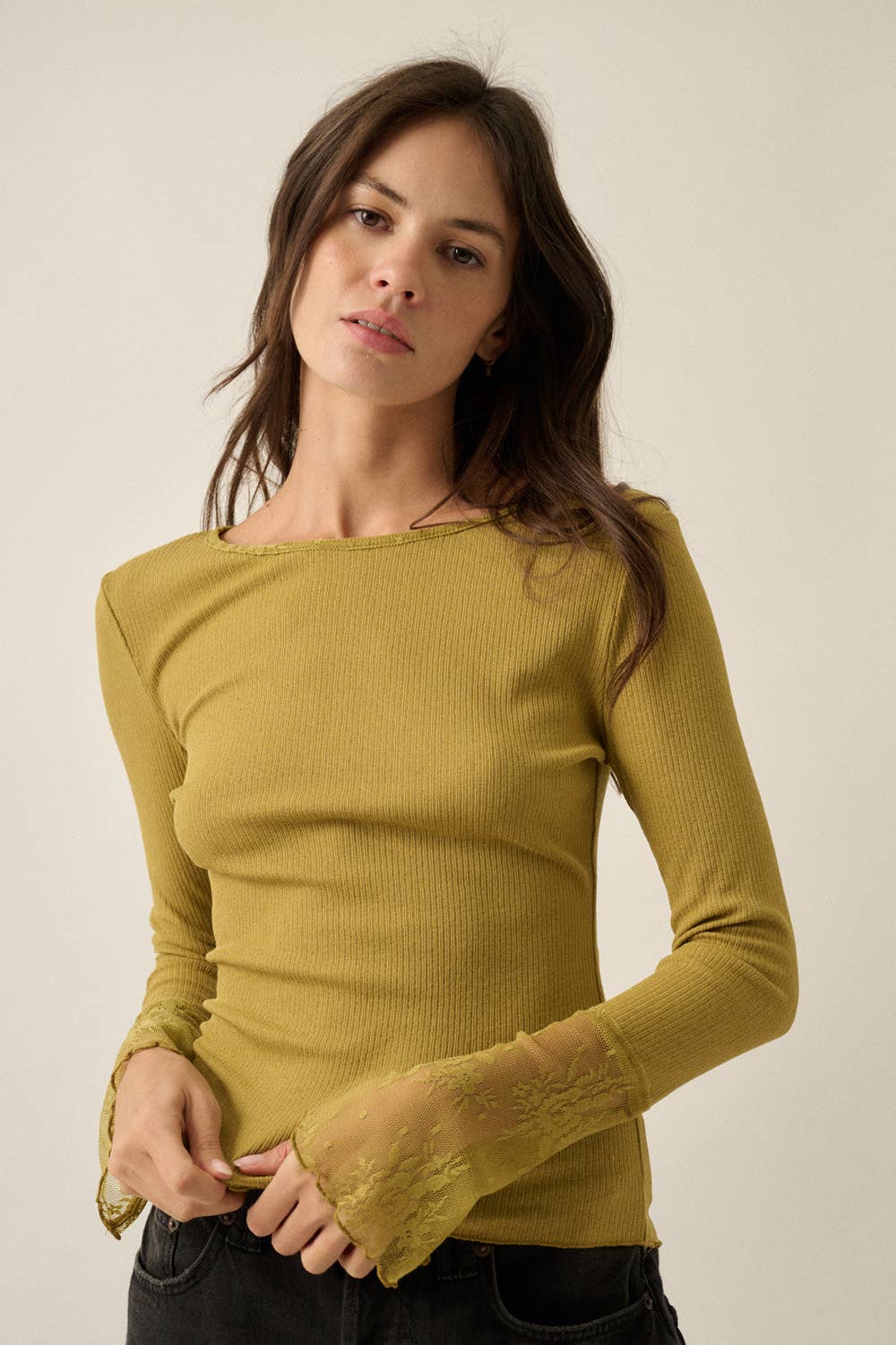 Solid Ribbed Knit Long-Sleeve Lace-Cuff Fitted Top