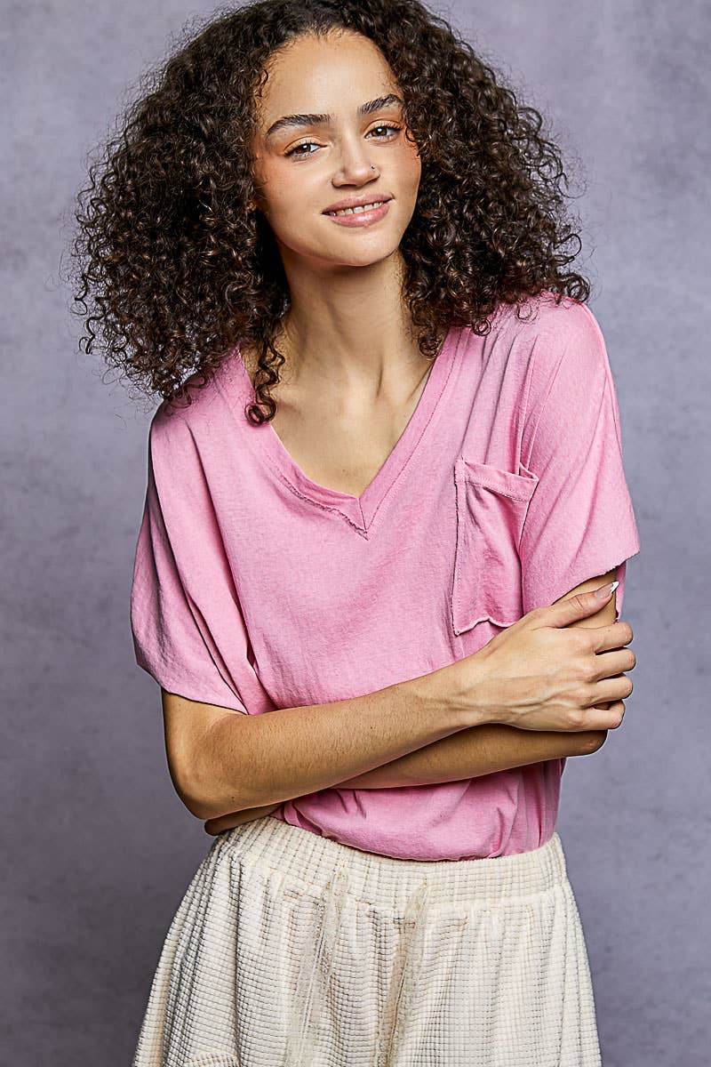 Boho Hand Dip Dye V-Neck T-shirt with Short Sleeves and Front Pocket