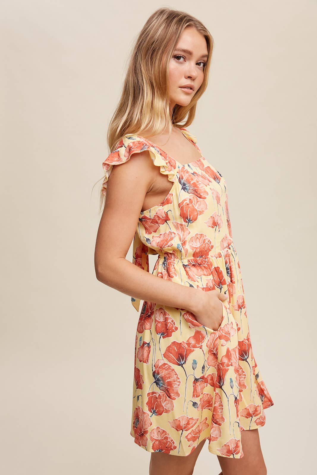 Poppy Floral Ruffle Strap Tie-Back Mini Dress