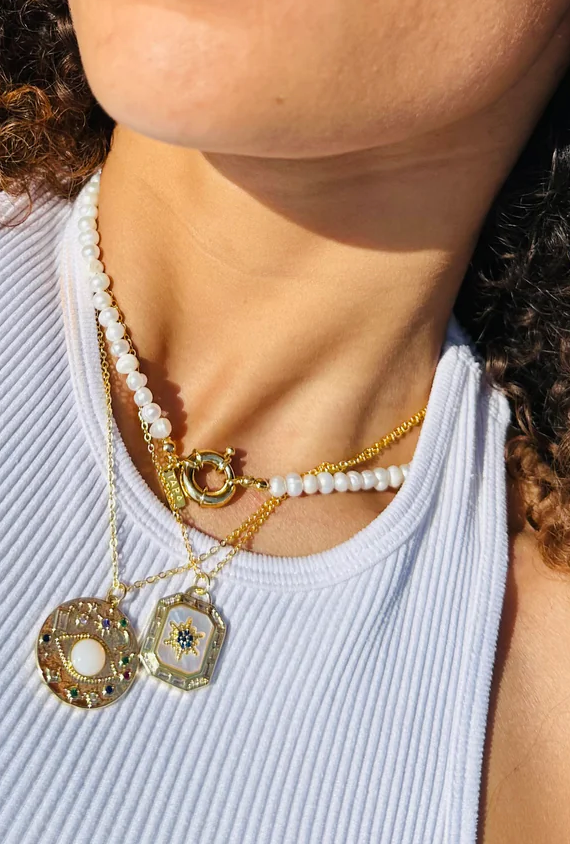 Celestial Gypsy Coin Necklace with Third Eye Amulet Charm and Stones - Stacking hypoallergenic steel necklace