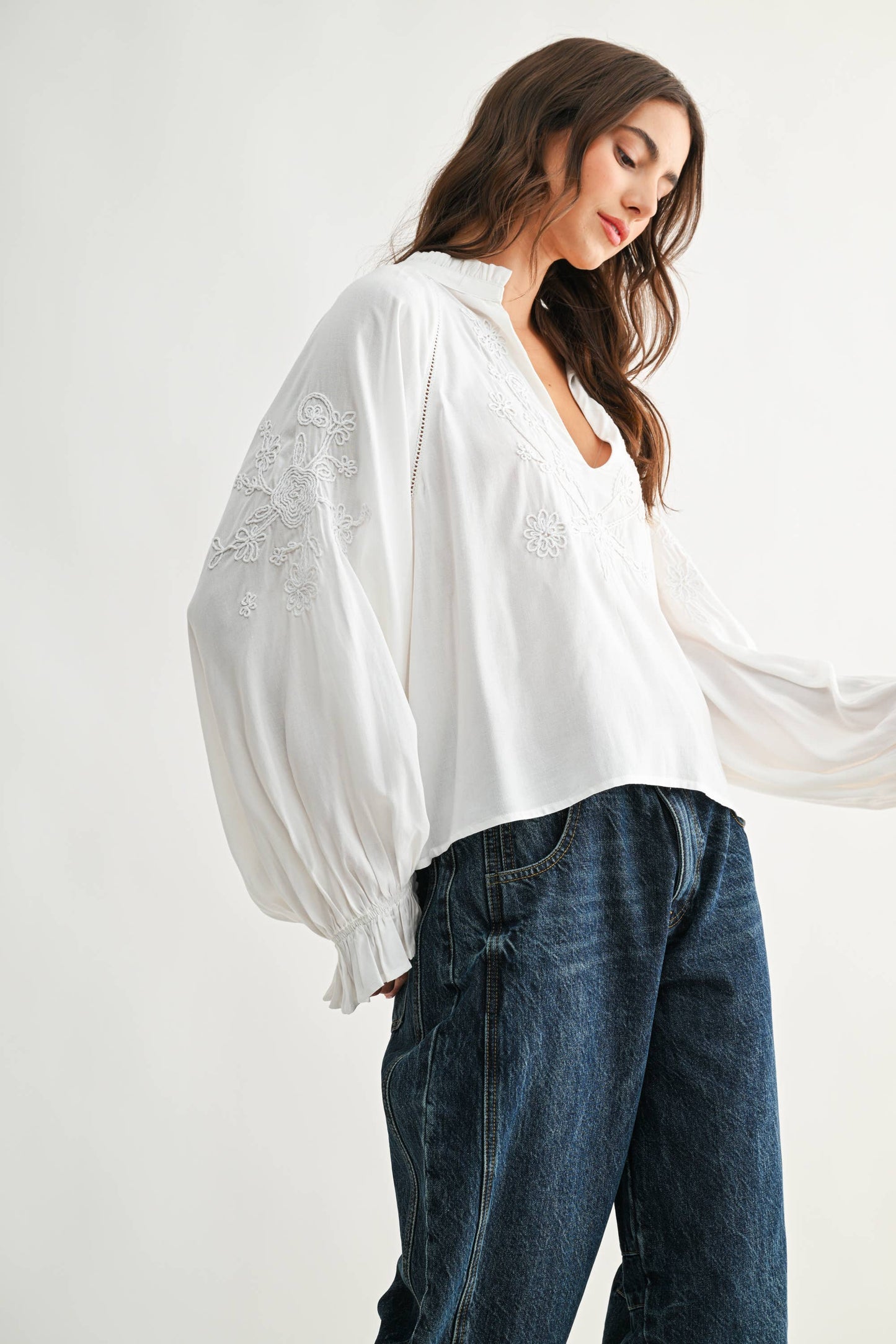 Boho-Chic Embroidered White Long Sleeved Blouse