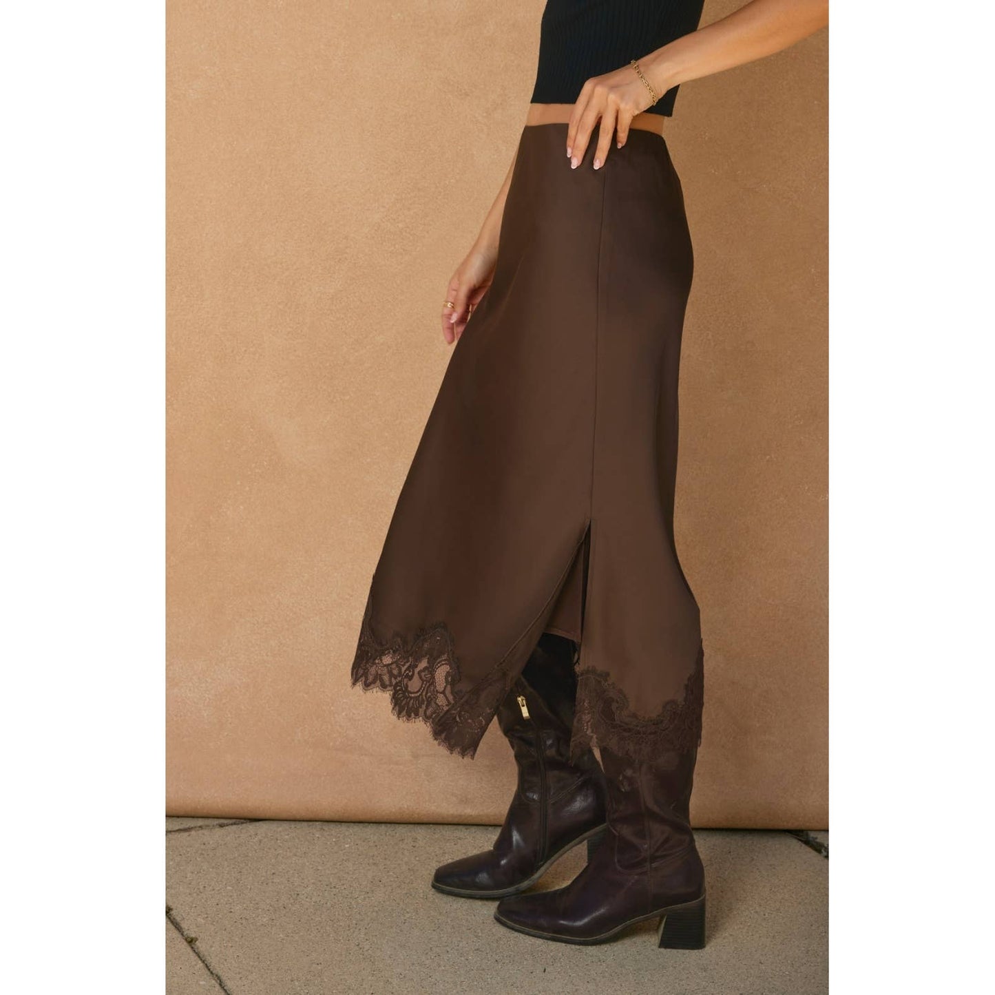 Powder Blue Lined Satin Pencil Skirt with Lace Hem