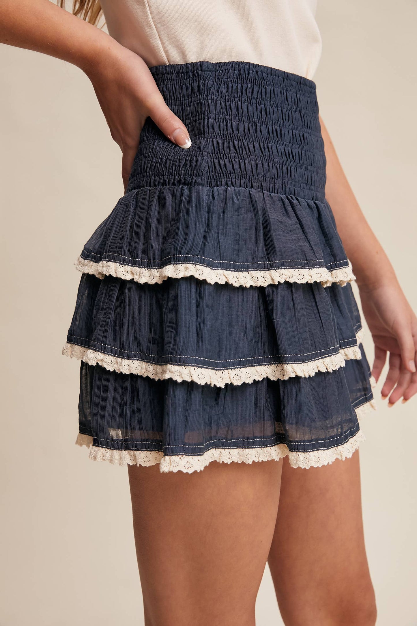 Boho Tiered Ruffle Lace Trim Skort