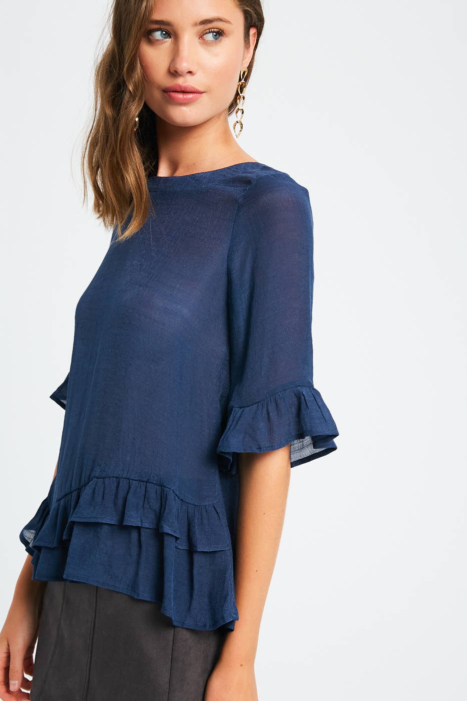 3/4 Sleeve Ruffle Hem Feminine Blouse